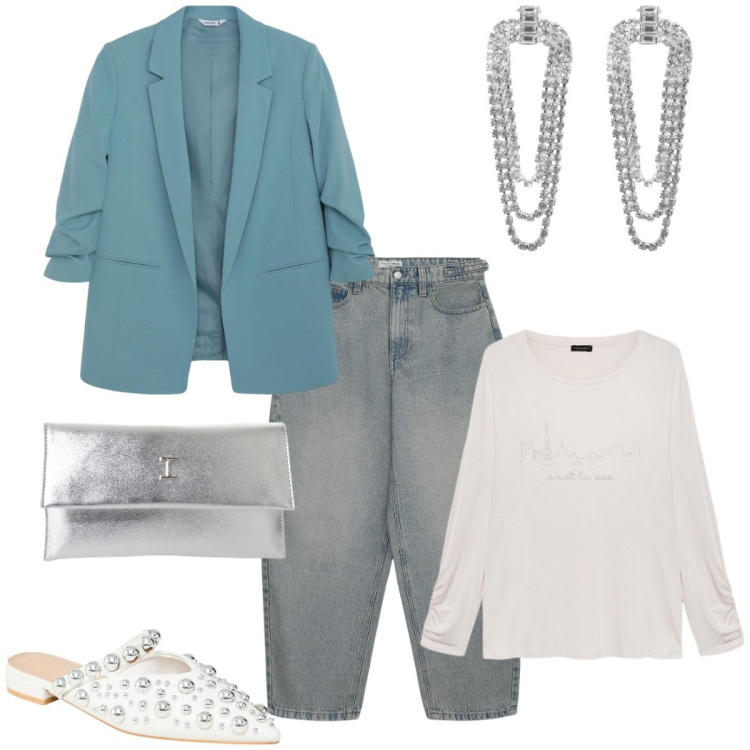 Outfit donna - Una serata in jeans. Stile Casual chic per Serata fuori. Abbinamento con jeans, ballerine, orecchini, blazer, pochette, t-shirt.