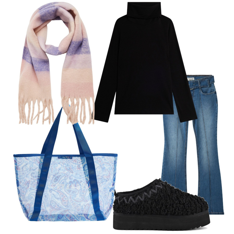 Outfit donna - Primavera ballerina. Stile Casual per Tutti i giorni. Abbinamento con jeans a zampa, shopping bag, sciarpe, maglieria, stivaletti.