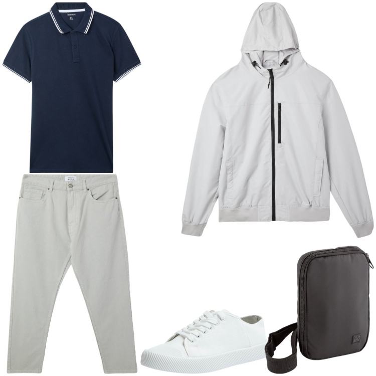 Outfit uomo - Pomeriggio piovoso in città. Stile Urban per Tutti i giorni. Abbinamento con pantaloni, polo, sneakers, giacche, borse sportive.