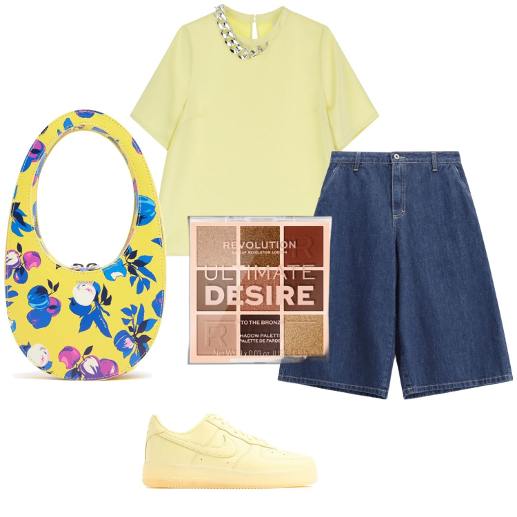 Outfit donna - Desire. Stile Casual per Tutti i giorni. Abbinamento con ombretti, bermuda, t-shirt, sneakers, borse a mano.
