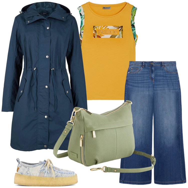 Outfit donna - Carpisa. Stile Casual per Tutti i giorni. Abbinamento con parka, t-shirt, mocassini, jeans, borse a tracolla.