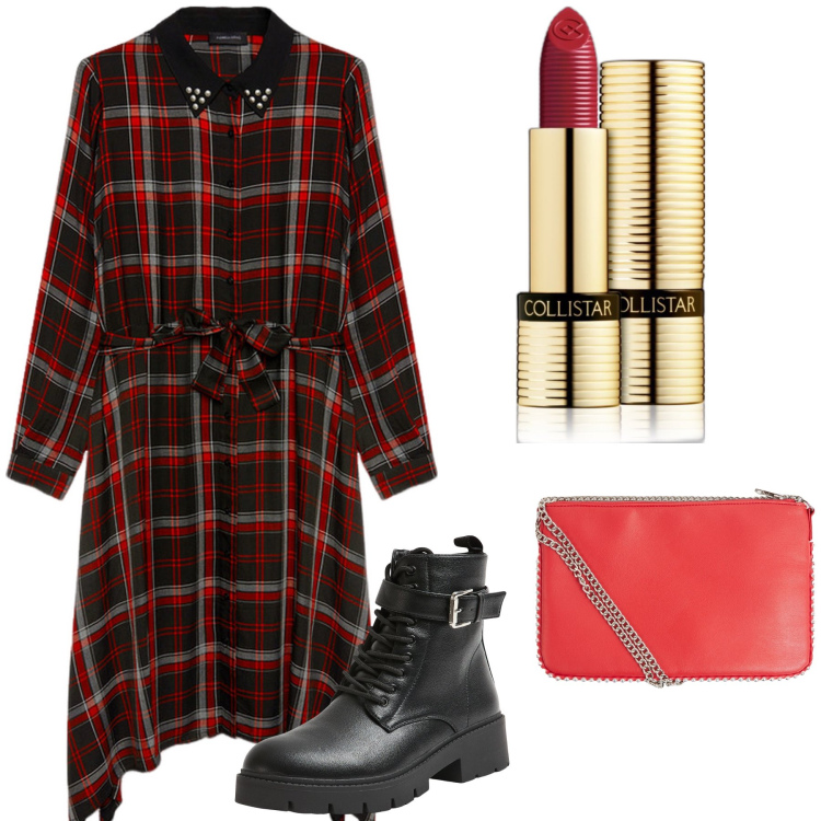 Outfit donna - Ruote e quadri. Stile Casual per Tutti i giorni. Abbinamento con rossetti, borse a tracolla, anfibi, vestiti asimmetrici.