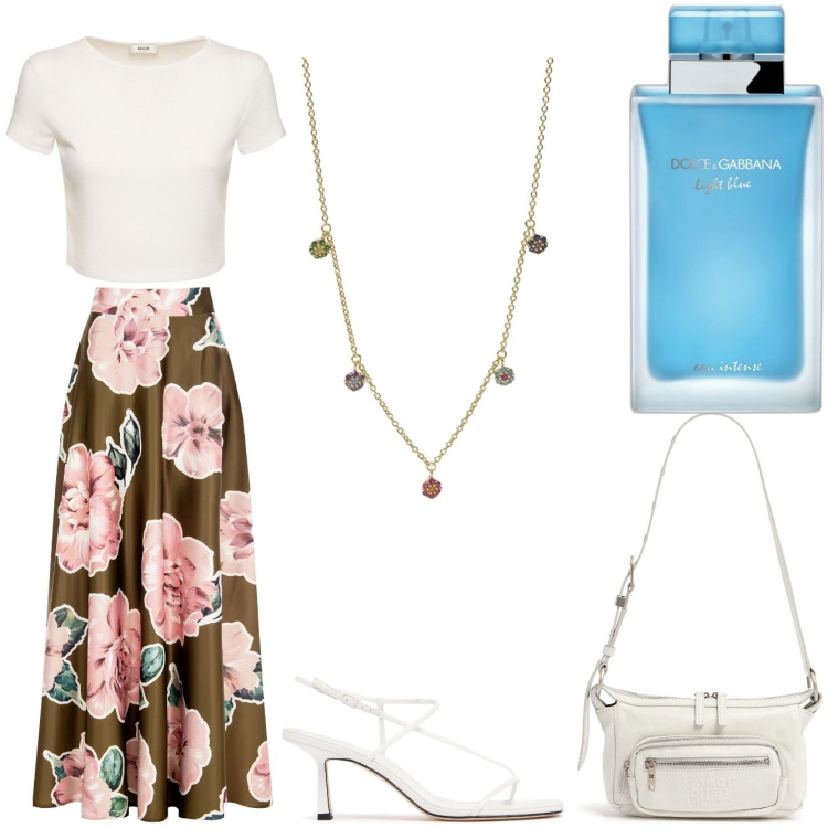 Outfit donna - Aperitivo di fine primavera. Stile Chic per Serata fuori. Abbinamento con profumi, ciondoli, gonne, sandali in pelle, t-shirt, borse a spalla.