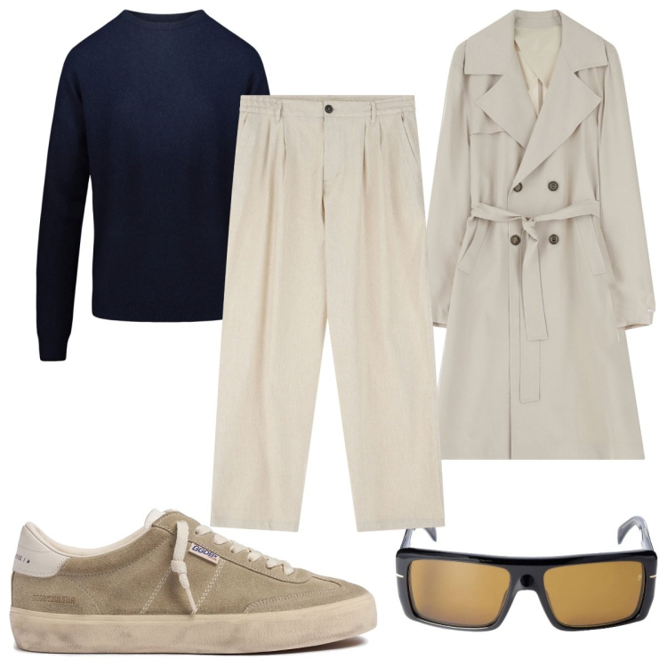 Outfit uomo - Total look #2095072. Stile Casual per Tutti i giorni. Abbinamento con pantaloni, trench, maglieria, sneakers, occhiali da sole.