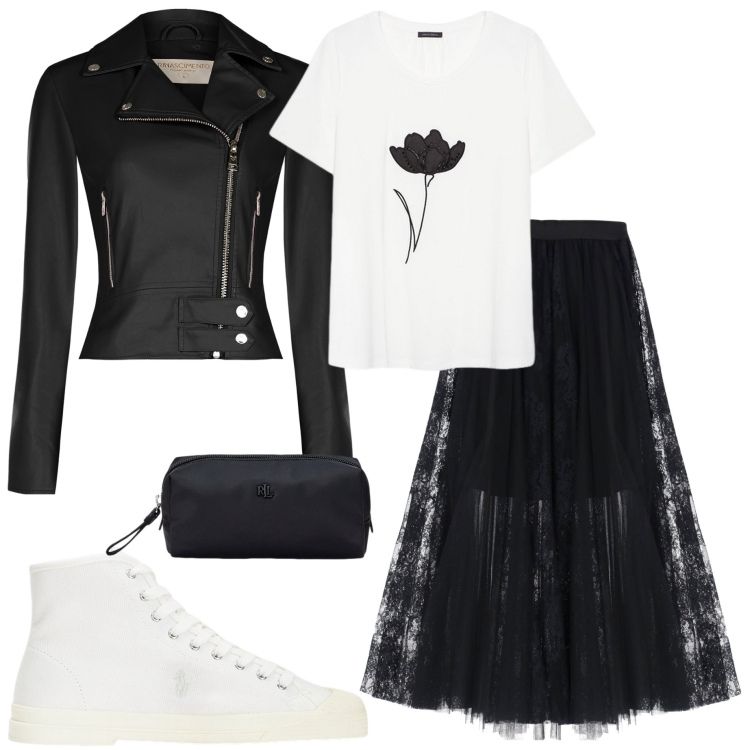 Outfit donna - Bantoa season sale. Stile Casual chic per Serata fuori. Abbinamento con giacche, gonne, sneakers alte, pochette, t-shirt.