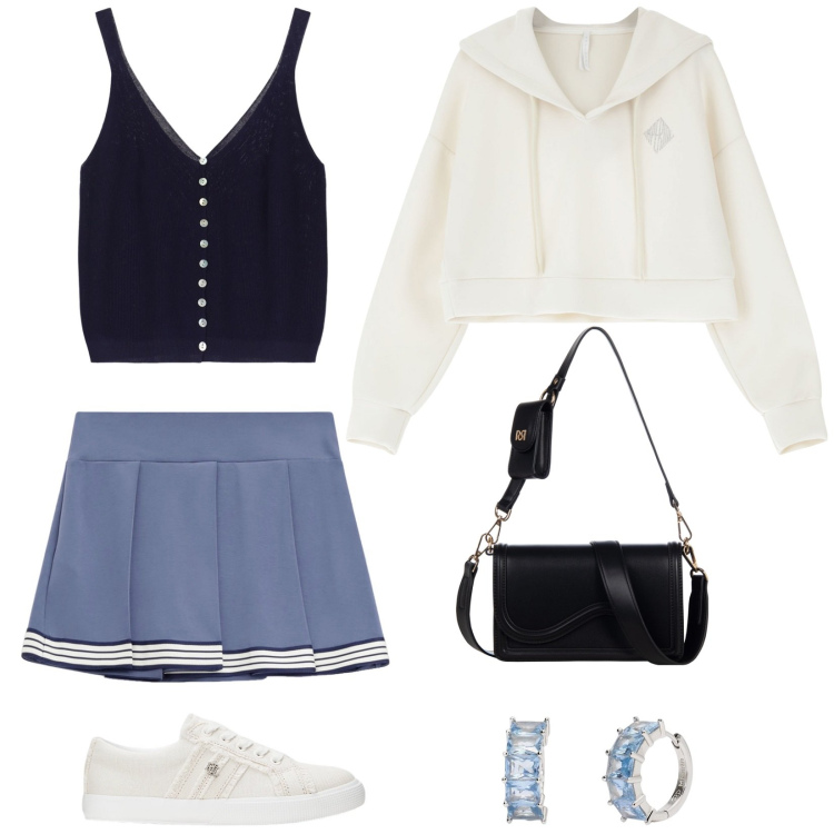 Outfit donna - Primavera sportiva. Stile Sporty chic per Tutti i giorni. Abbinamento con orecchini, pochette, minigonne, felpe con cappuccio, top, sneakers.