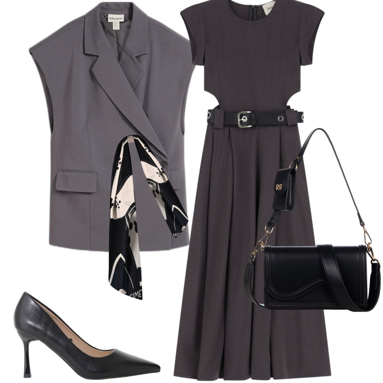 Outfit donna - Bantoa season sale. Stile Casual chic per Ufficio. Abbinamento con gilet, pochette, sciarpe, décolleté, vestiti.