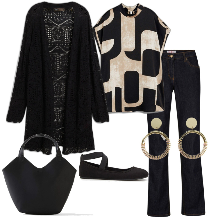 Outfit donna - Bonprix. Stile Casual chic per Serata fuori. Abbinamento con cardigans, jeans dritti, ballerine, tuniche, borse a mano, orecchini.