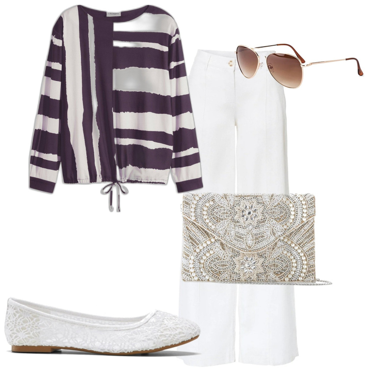 Outfit donna - Bonprix. Stile Casual chic per Serata fuori. Abbinamento con pantaloni a palazzo, pochette, ballerine, occhiali da sole, maglieria.