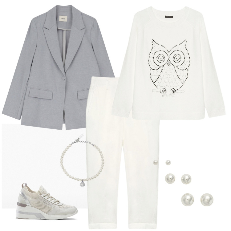 Outfit donna - Gufo e quadrifoglio portafortuna. Stile Casual chic per Tutti i giorni. Abbinamento con sneakers, braccialetti con ciondoli, blazer, orecchini, pantaloni, maglieria.