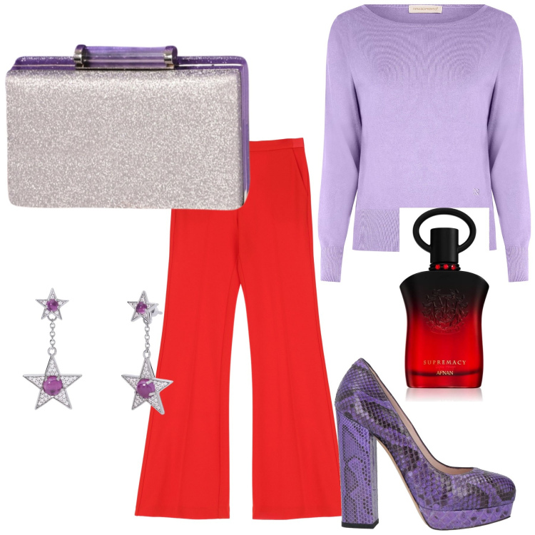 Outfit donna - Serata maglietta e pantaloni. Stile Trendy per Serata fuori. Abbinamento con profumi, décolleté, maglieria, pochette, orecchini, pantaloni.