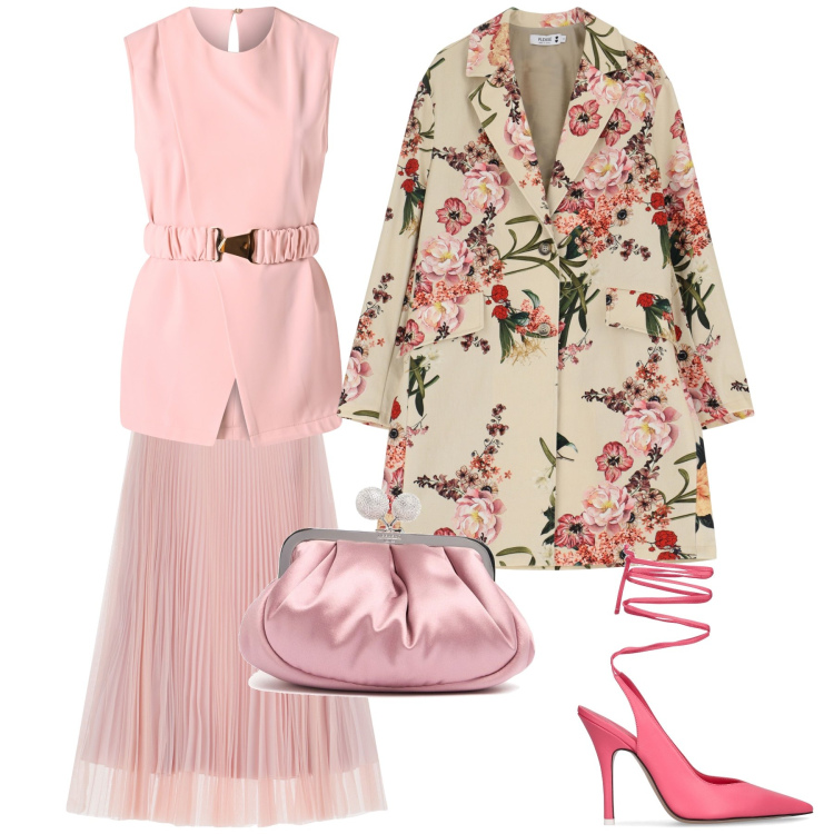 Outfit donna - Cerimonia fiori ed ecopelle. Stile Bon Ton per Cerimonia. Abbinamento con bluse, trench, gonne lunghe, décolleté, pochette.