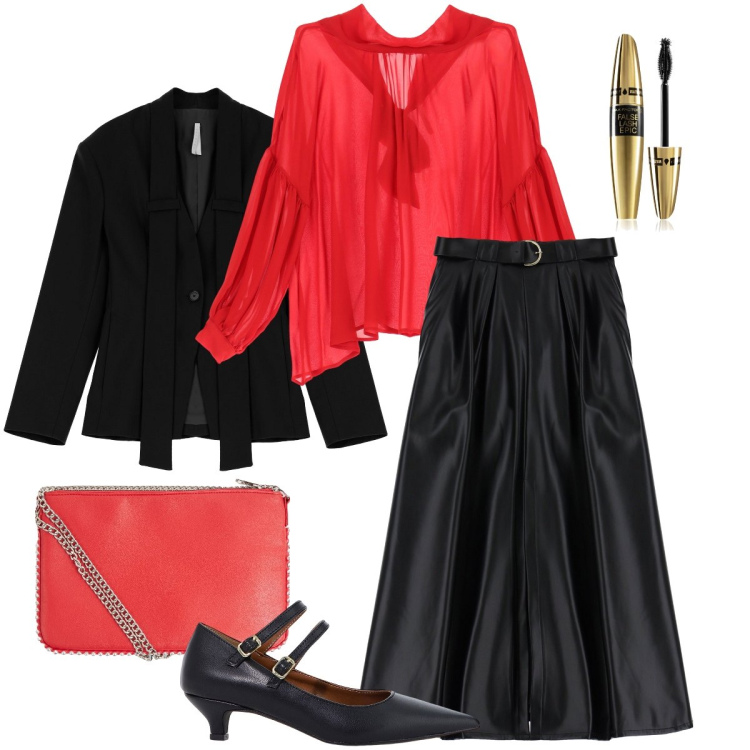 Outfit donna - Rosso e nero. Stile Bon Ton per Serata fuori. Abbinamento con mascara, borse a tracolla, gonne lunghe, décolleté, blazer, camicie.