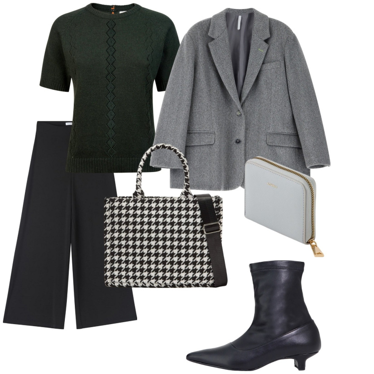 Outfit donna - Total look #2095091. Stile Bon Ton per Ufficio. Abbinamento con pantaloni culotte, shopping bag, stivaletti, blazer, maglieria, portafogli.