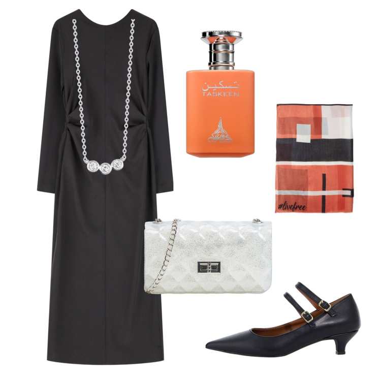 Outfit donna - Cerimonia tra marzo e aprile. Stile Chic per Cerimonia. Abbinamento con profumi, borse a tracolla, collane, décolleté, vestiti lunghi, sciarpe.