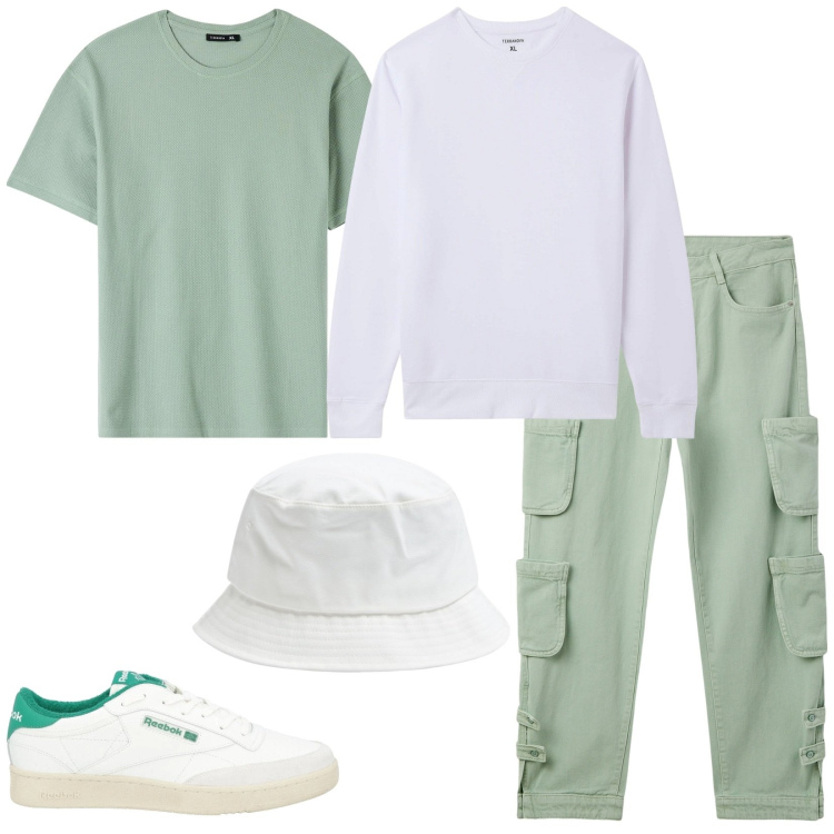 Outfit uomo - Latte e menta. Stile Casual per Tutti i giorni. Abbinamento con sneakers, jeans, cappelli, t-shirt, felpe.