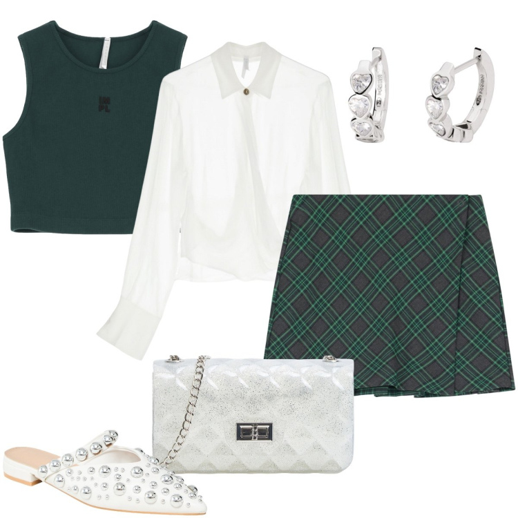 Outfit donna - La minigonna scozzese. Stile Preppy per Serata fuori. Abbinamento con borse a tracolla, ballerine, orecchini, camicie, minigonne, canottiere.