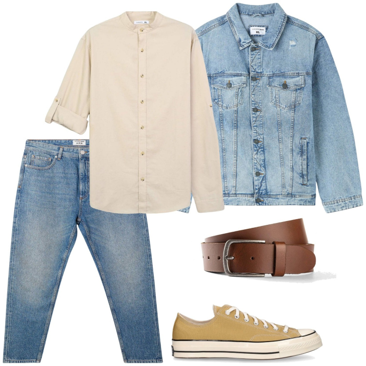 Outfit uomo - Pronto per la primavera. Stile Casual per Tutti i giorni. Abbinamento con cinture, camicie, giacche, jeans, sneakers.