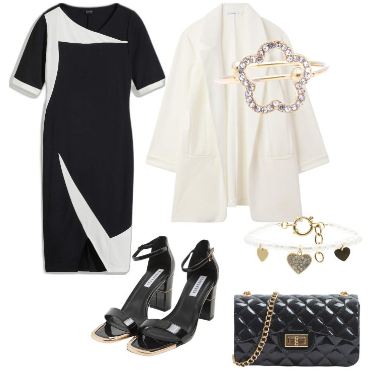 Outfit donna - Il classico bianco e nero. per Serata fuori. Abbinamento con vestiti a tubino, borse a tracolla, sabot, blazer, anelli, braccialetti.