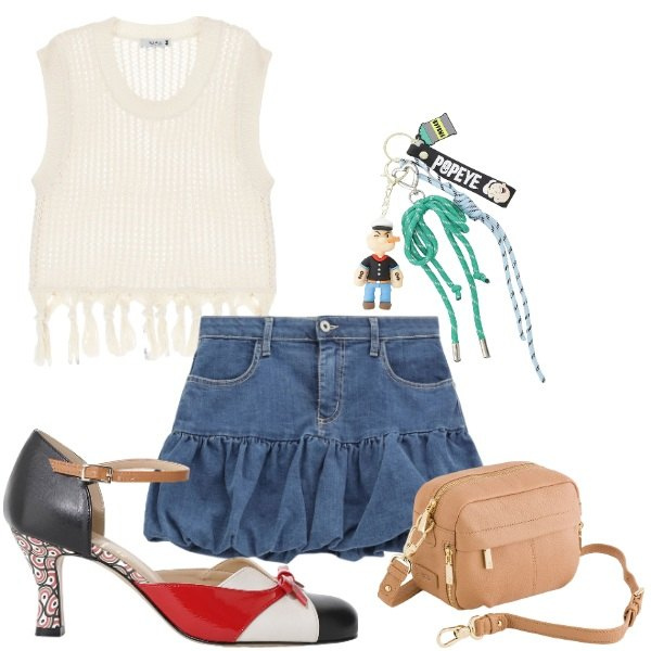 Outfit donna - Ispirazione Saint Tropez. Stile Trendy per Tutti i giorni. Abbinamento con minigonne, maglieria, décolleté, portachiavi, borse a tracolla.