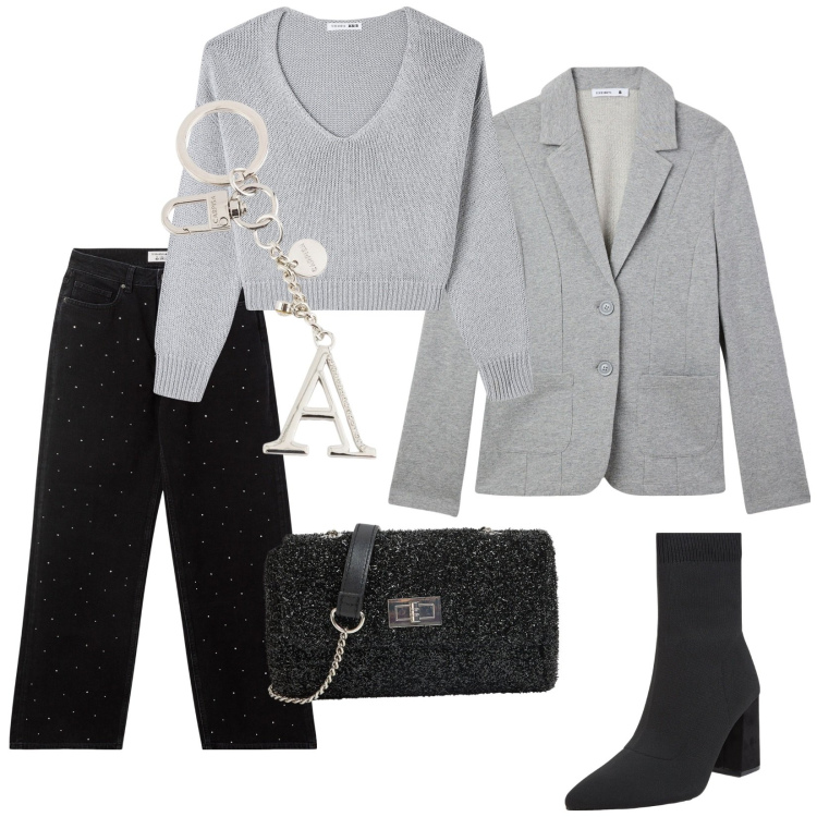 Outfit donna - Annabelle. Stile Casual chic per Serata fuori. Abbinamento con maglieria, borse a tracolla, jeans, blazer, stivaletti, portachiavi.