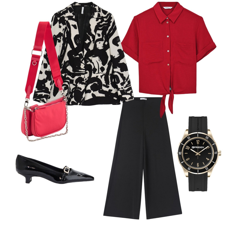 Outfit donna - Lezione di musica. per Scuola/Università. Abbinamento con pantaloni culotte, camicie a manica corta, blazer, ballerine, orologi, borse a tracolla.