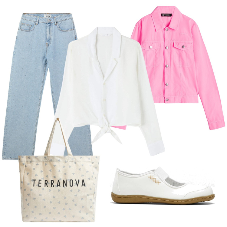 Outfit donna - Una mattina libera. Stile Trendy per Tutti i giorni. Abbinamento con ballerine, camicie, jeans, shopping bag, blazer.