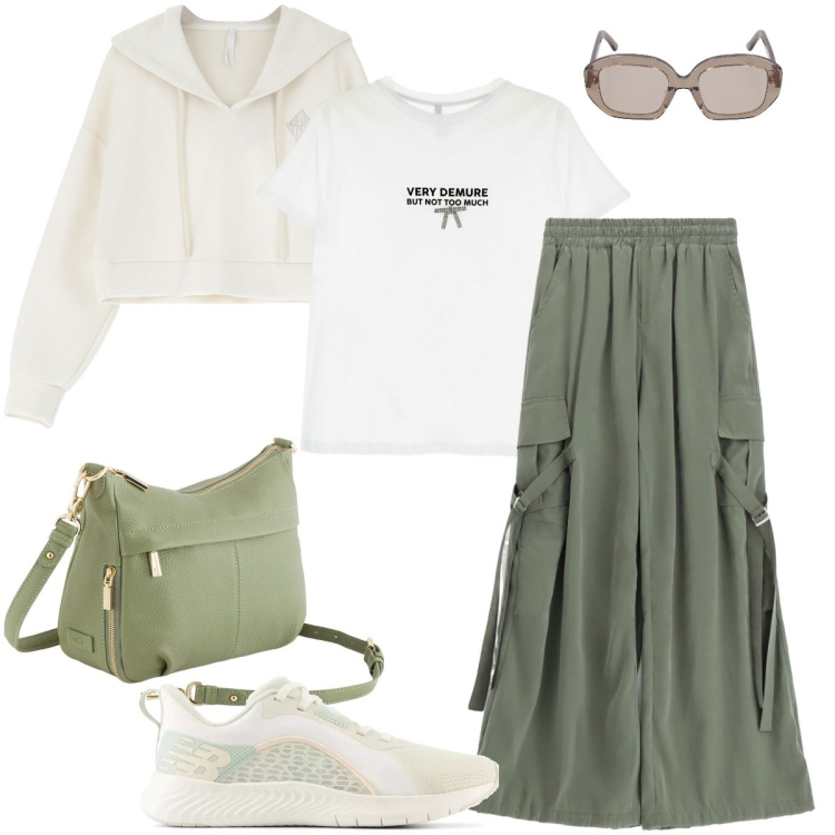 Outfit donna - La gonna cargo. Stile Sporty chic per Tutti i giorni. Abbinamento con sneakers, t-shirt, pantaloni cargo, felpe con cappuccio, borse a tracolla, occhiali da sole.