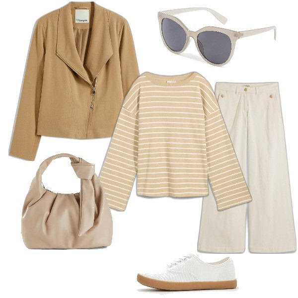 Outfit donna - Marinière Neutra. Stile Casual chic per Tutti i giorni. Abbinamento con pantaloni, borse a mano, maglieria, bomber, sneakers, borse a tracolla.