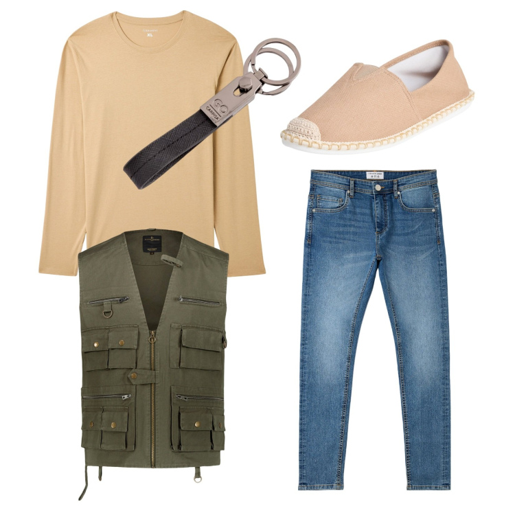 Outfit uomo - Il gilet multitasche. Stile Casual per Tutti i giorni. Abbinamento con gilet, jeans skinny, espadrillas, maglieria, portachiavi.