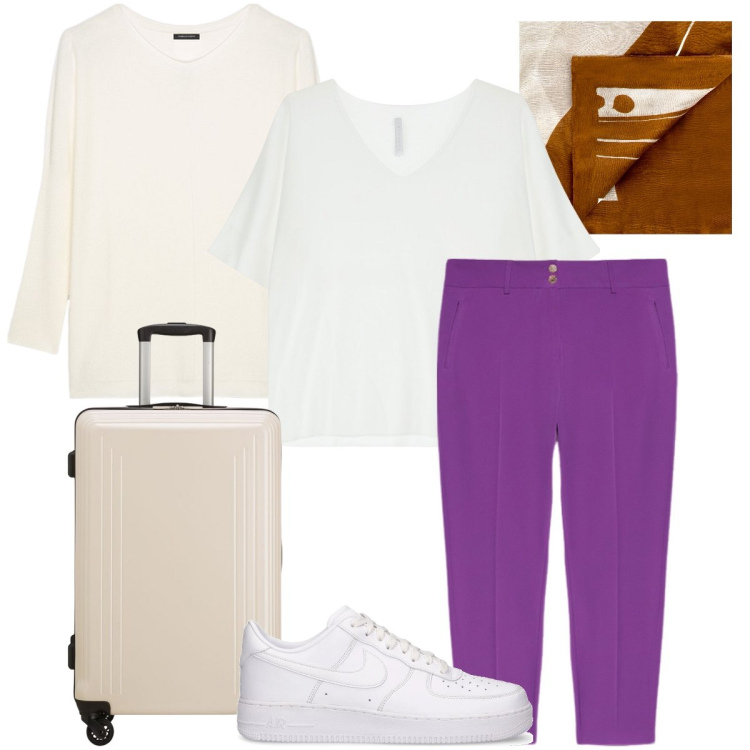 Outfit donna - In viaggio. Stile Casual chic per Tutti i giorni. Abbinamento con sciarpe, maglieria, pantaloni chino, sneakers, maglieria, valigie.