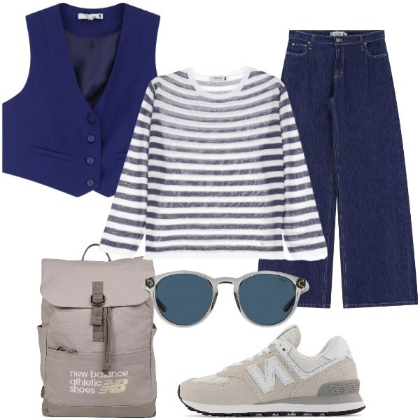 Outfit donna - Marinière Sportiva. Stile Sporty chic per Tutti i giorni. Abbinamento con maglieria, jeans, gilet, sneakers, zaini, occhiali da sole.