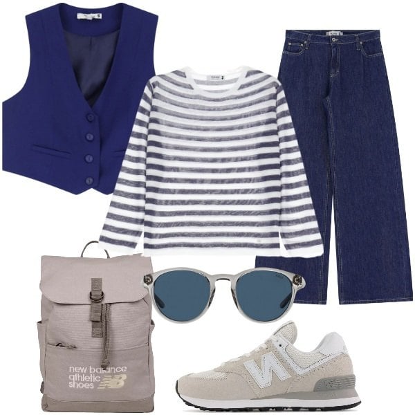 Outfit donna - Marinière Sportiva. Stile Sporty chic per Tutti i giorni. Abbinamento con maglieria, jeans, gilet, sneakers, zaini, occhiali da sole.