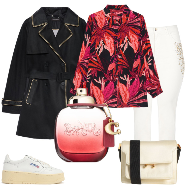 Outfit donna - Pomenagrade. Stile Casual per Tutti i giorni. Abbinamento con borse a tracolla, profumi, jeans dritti, trench, camicie, sneakers.