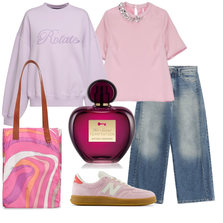 Outfit donna - Temptation. Stile Casual chic per Tutti i giorni. Abbinamento con profumi, jeans, sneakers, t-shirt, shopping bag, felpe.
