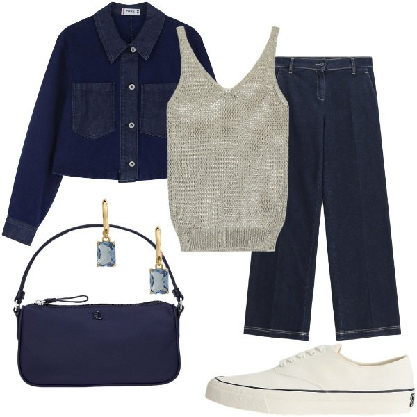 Outfit donna - Denim e Luce. Stile Casual chic per Serata fuori. Abbinamento con canottiere, jeans dritti, blazer, sneakers, pochette, orecchini.
