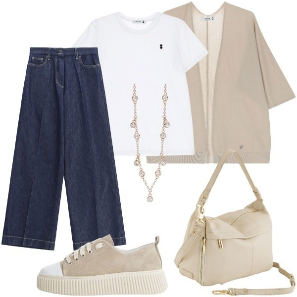 Outfit donna - Beige e Denim. Stile Casual chic per Tutti i giorni. Abbinamento con collane, t-shirt, jeans, cardigans, sneakers, borse a tracolla.