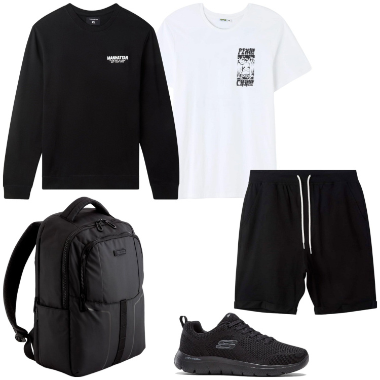 Outfit uomo - Atletico. Stile Casual per Sport. Abbinamento con sneakers, t-shirt, felpe, pantaloni corti, borse sportive.