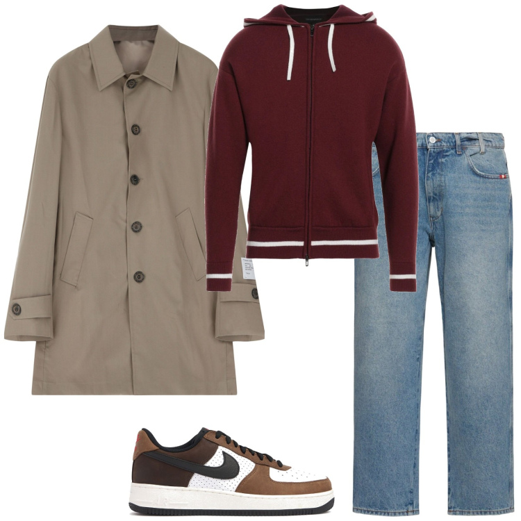 Outfit uomo - Non può piovere per sempre. Stile Casual per Tutti i giorni. Abbinamento con cardigans, trench, sneakers, jeans.