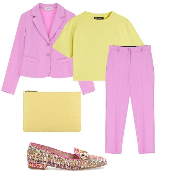 Outfit donna - Primavera in Lilla e Giallo. Stile Trendy per Tutti i giorni. Abbinamento con pochette, pantaloni, blazer, t-shirt, mocassini.