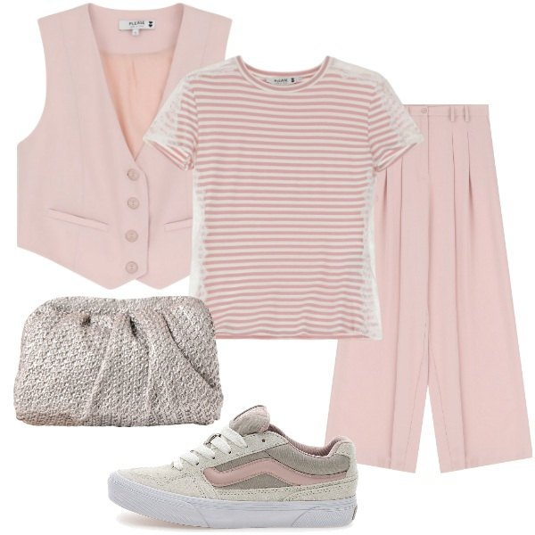 Outfit donna - Rosa Primavera. Stile Casual chic per Tutti i giorni. Abbinamento con clutch, pantaloni, t-shirt, gilet, sneakers.