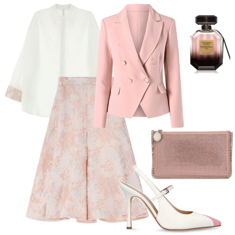 Outfit donna - Cerimonia. Stile Chic per Cerimonia. Abbinamento con profumi, blazer, camicie, gonne, décolleté, pochette.