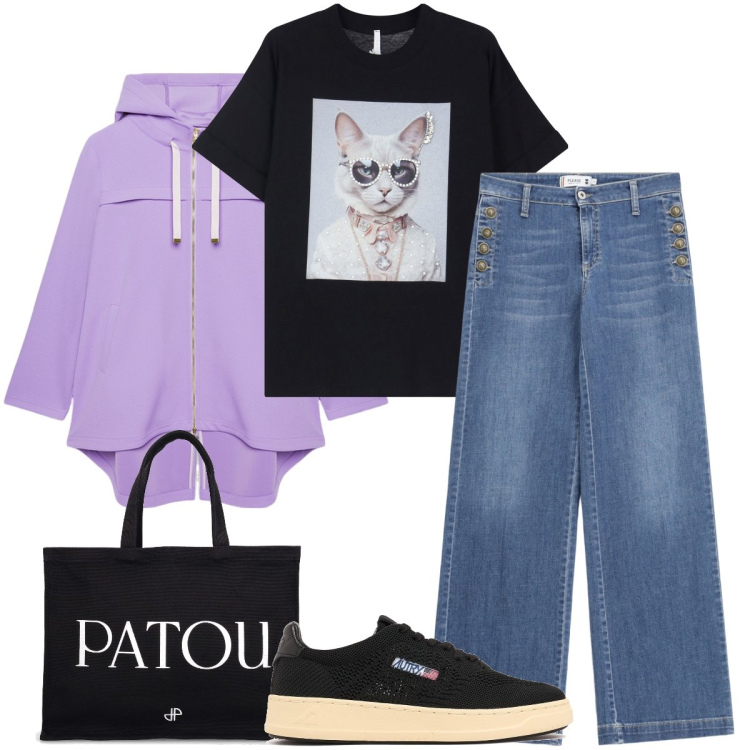 Outfit donna - Il gattino chic. Stile Urban per Tutti i giorni. Abbinamento con jeans a zampa, t-shirt, parka, sneakers, shopping bag.
