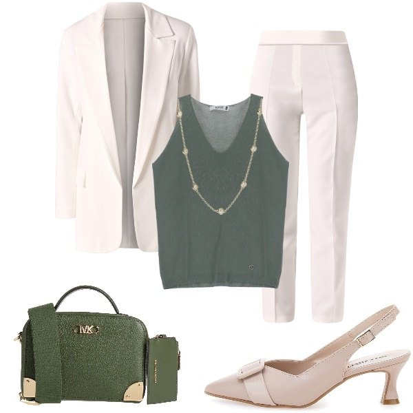 Outfit donna - Eleganza Neutra. Stile Chic per Serata fuori. Abbinamento con borse a tracolla, collane, blazer, pantaloni, top, décolleté.