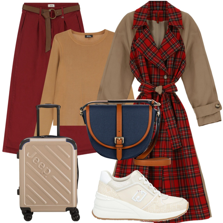 Outfit donna - Un trench per viaggiare comode. Stile Casual per Tutti i giorni. Abbinamento con sneakers, borse a tracolla, trench, pullovers, pantaloni, valigie.