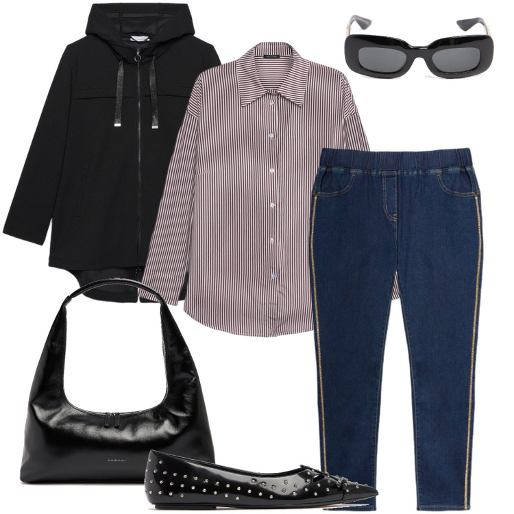 Outfit donna - Commissioni giornaliere. Stile Casual chic per Tutti i giorni. Abbinamento con parka, camicie, jeggings, borse a spalla, occhiali da sole, ballerine.
