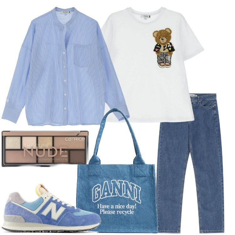 Outfit donna - Please - Casual Style. Stile Casual per Tutti i giorni. Abbinamento con ombretti, sneakers, jeans dritti, camicie, t-shirt, shopping bag.