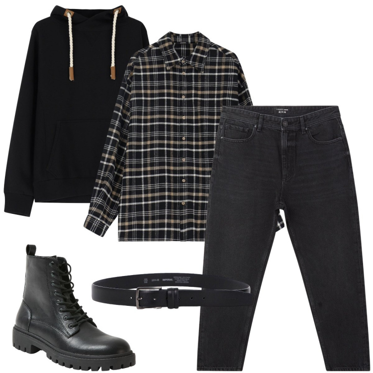 Outfit uomo - La camicia a quadri. Stile Urban per Tutti i giorni. Abbinamento con jeans, anfibi, camicie, felpe con cappuccio, cinture.