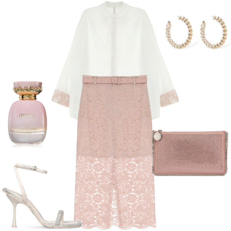 Outfit donna - Cerimonia. Stile Chic per Cerimonia. Abbinamento con profumi, camicie, gonne longuette, sandali in pelle, pochette, orecchini.