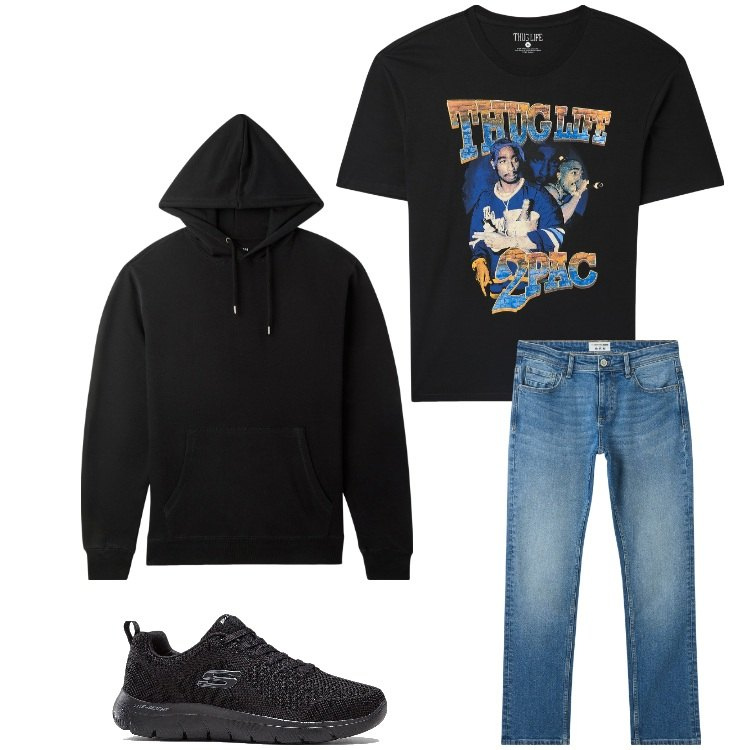 Outfit uomo - Easy. Stile Casual per Tutti i giorni. Abbinamento con sneakers, jeans, t-shirt, felpe con cappuccio.